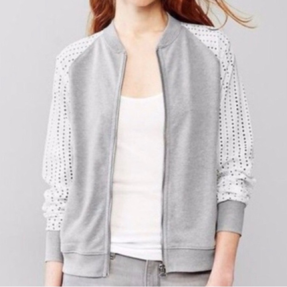 Gap Gray White Eyelet Lace Bomber Jacket Cotton